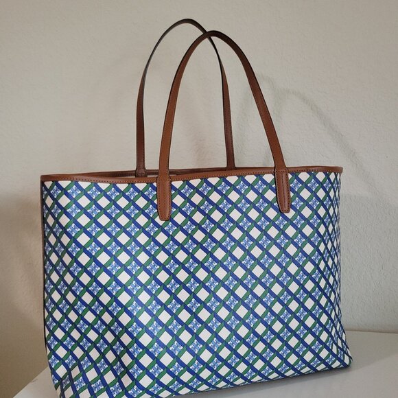Tory Burch Geo Logo Magnet Clip Tote In Blue Green Shoulder Bag - Picture 1 of 8